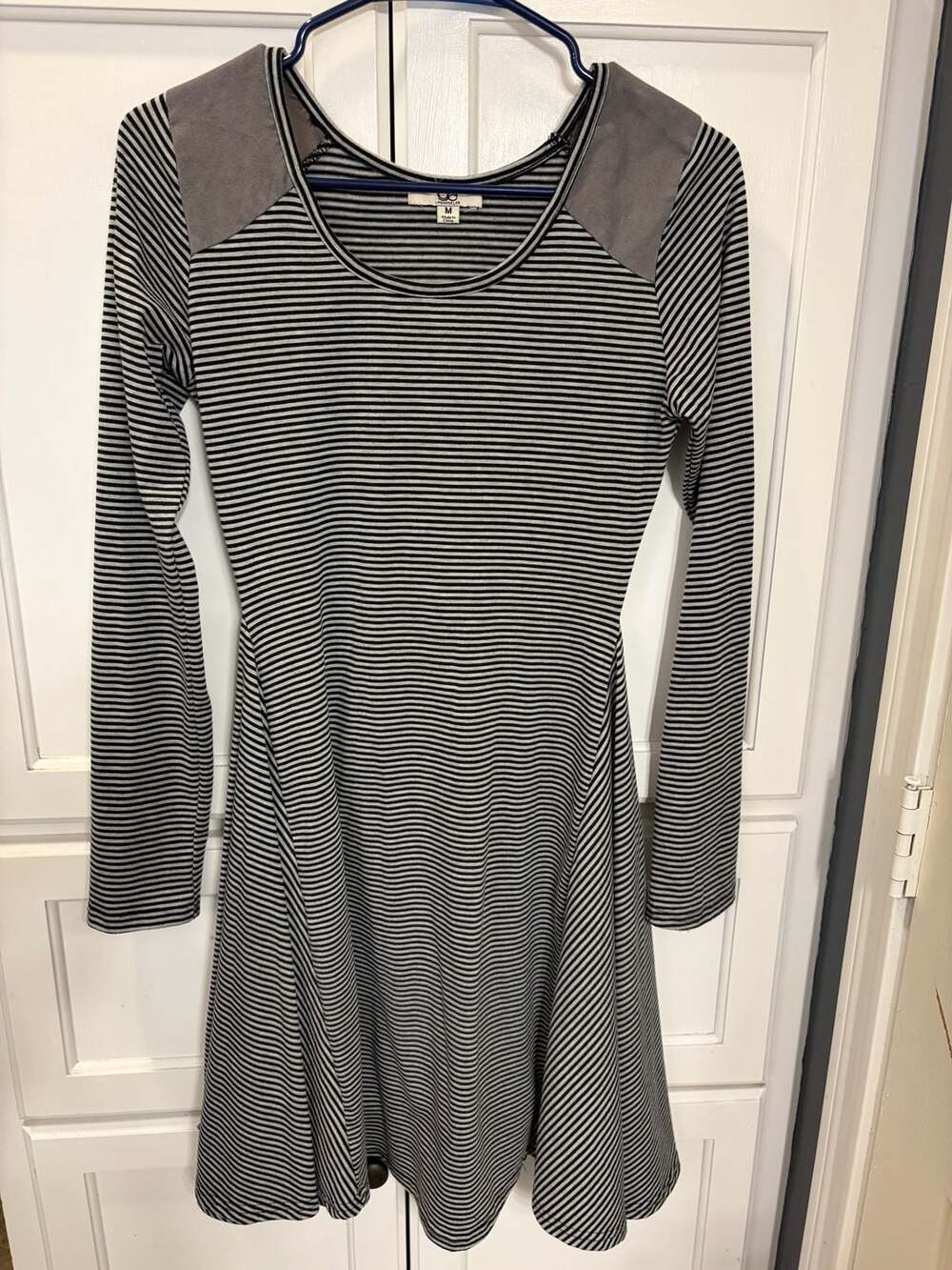 YA Los Angeles Women's Striped Long Sleeve Skater Dress Faux Suede Shoulder